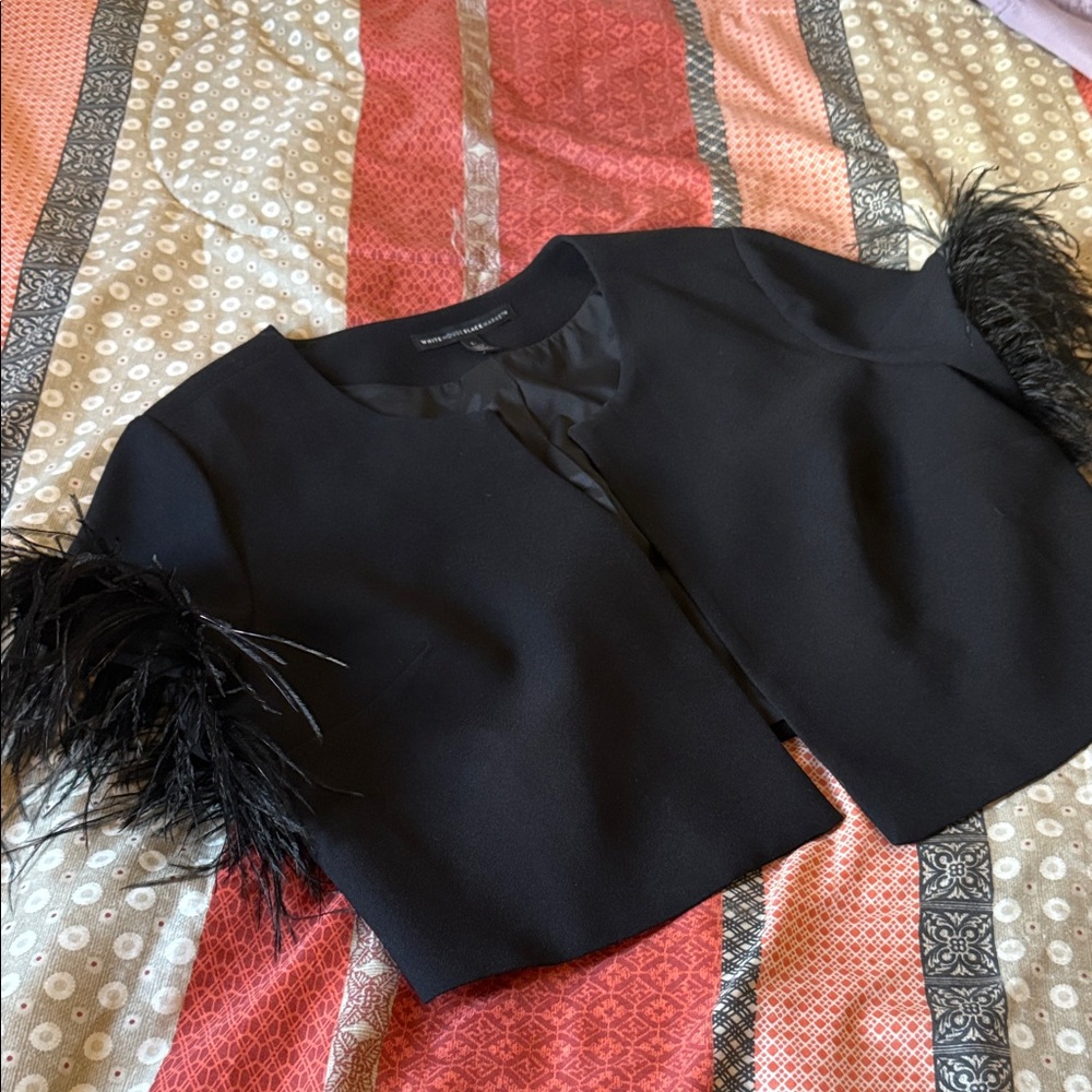 SLAY!!! Black Feather Sleeve Crop Jacket - Picture 2 of 12
